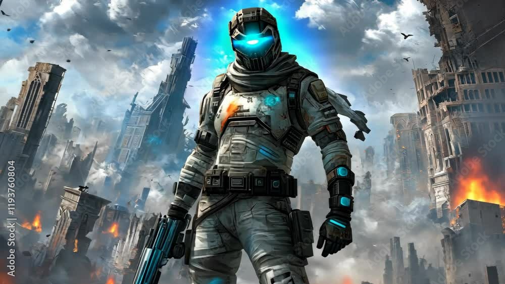 Futuristic warrior stands confidently in a post-apocalyptic cityscape with glowing armor details and dramatic skies Futuristic warrior stands confidently in a post-apocalyptic cityscape with glowing armor details and dramatic skies