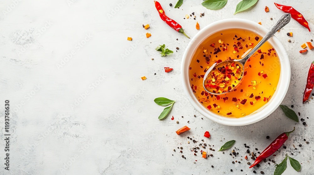 Spicy chili oil in white bowl with peppers and herbs Spicy chili oil in white bowl with peppers and herbs