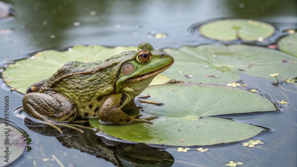 Frog sitting on lily pad in serene pond nature photography calm environment close-up view Frog sitting on lily pad in serene pond nature photography calm environment close-up view