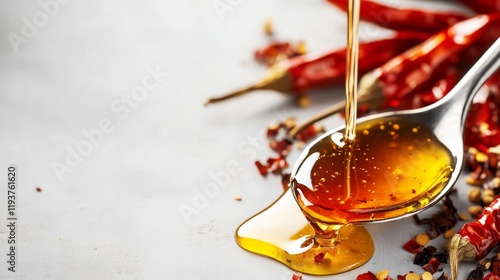 Spicy chili infused honey dripped from spoon with red peppers