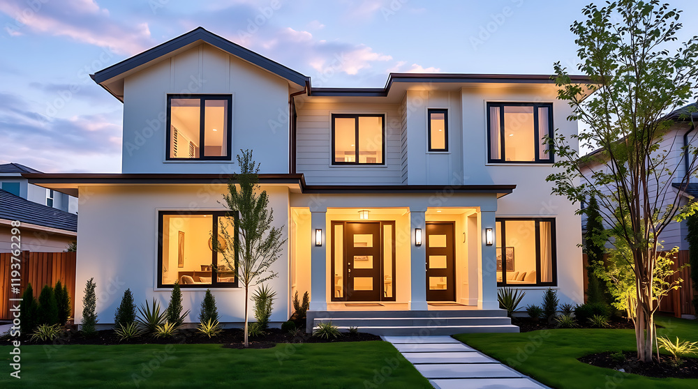 Fototapeta premium Luxury Modern Home Exterior at Dusk: Architectural Design and Landscaping