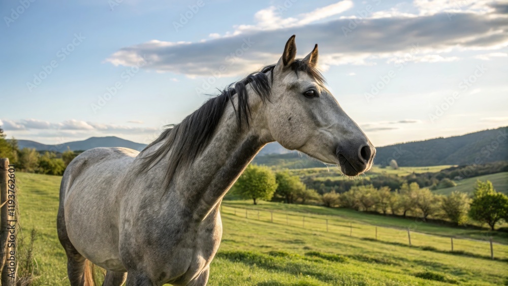 Obraz premium Graceful grey horse in a serene meadow nature photography rural landscape daylight close-up view for animal lovers
