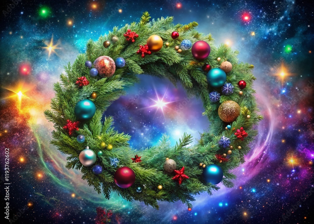 Surreal Christmas Wreath with Space for Festive Greetings: Celestial Holiday Decoration Stock Photo Surreal Christmas Wreath with Space for Festive Greetings: Celestial Holiday Decoration Stock Photo