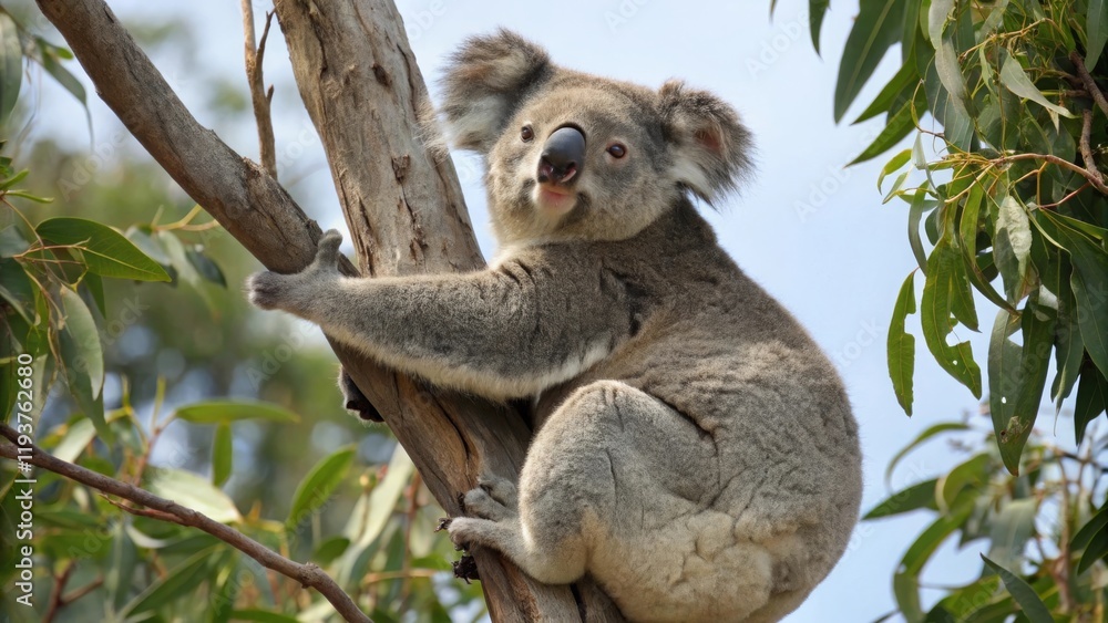 Fototapeta premium Koala climbing tree australia wildlife photography natural environment close-up view animal behavior