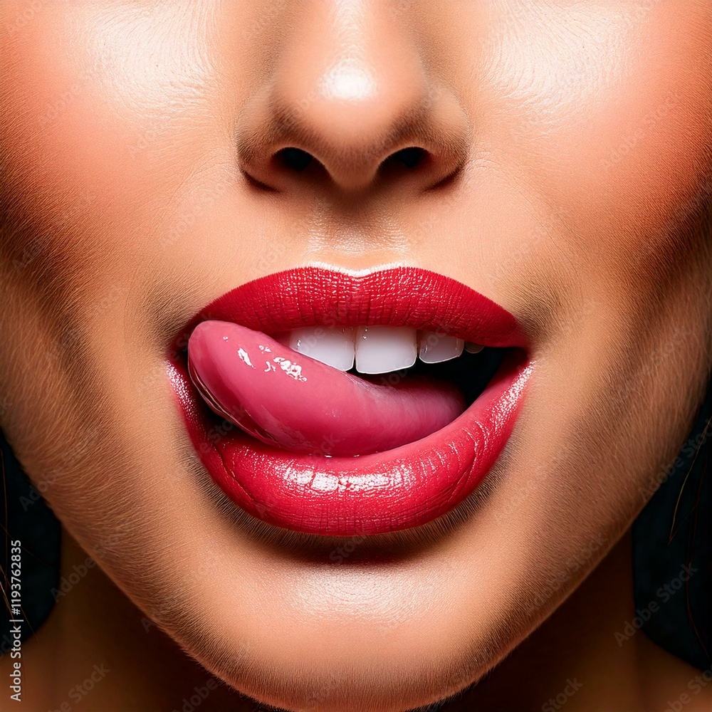 Fototapeta premium Closeup vom Gesicht einer Frau, wie sie verführerisch sich mit der Zunge über die Lippen fährt.