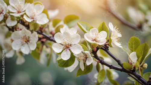 Close-up of blooming apple tree flowers with radiant lighting and a soft-focus background.