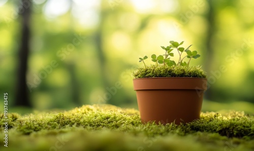 A potted plant nestled in a bed of moss with a blurred forest background