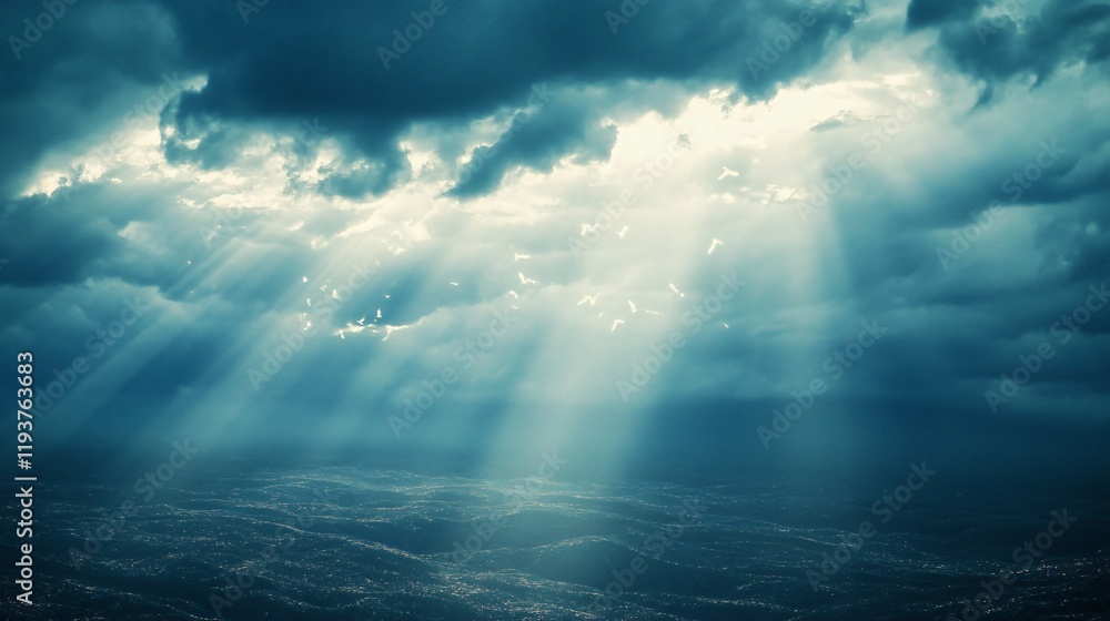 Dramatic Ocean Scene with Sun Rays Breaking Through Dark Clouds Dramatic Ocean Scene with Sun Rays Breaking Through Dark Clouds