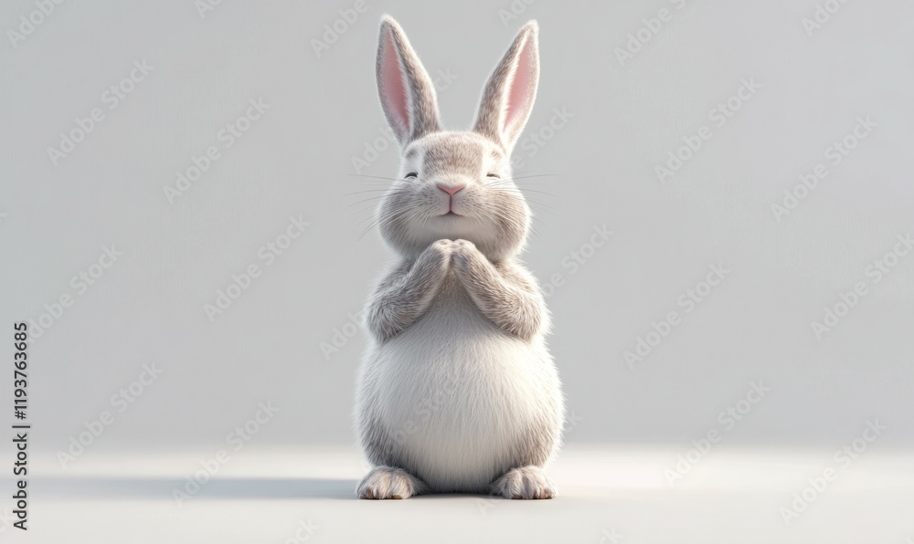 Fototapeta premium A rabbit stands on its hind legs with its front paws held together in a playful gesture, cute critter., humorous image, cartoon character