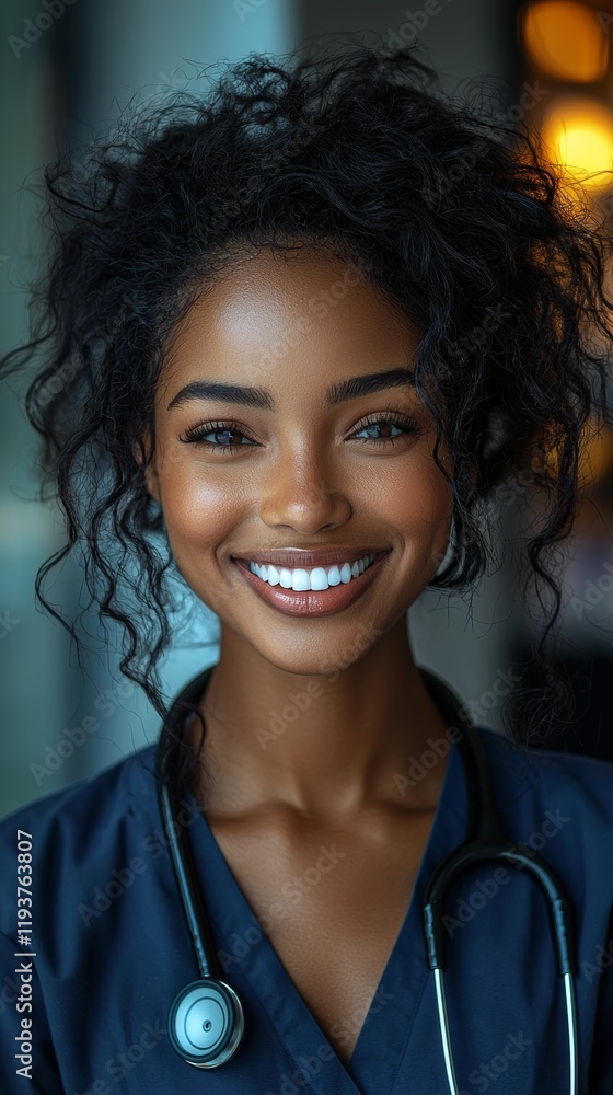 Smiling female doctor wearing scrubs and stethoscope in professional setting Smiling female doctor wearing scrubs and stethoscope in professional setting