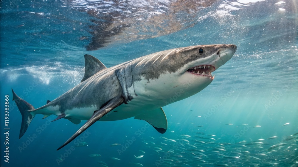 Fototapeta premium Swimming great white shark in crystal clear waters underwater photography marine environment dynamic perspective