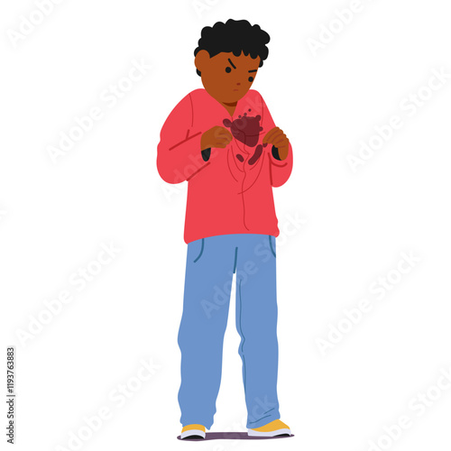 Irritated little boy child cartoon character feeling dissatisfied with dirt stain on his clothes
