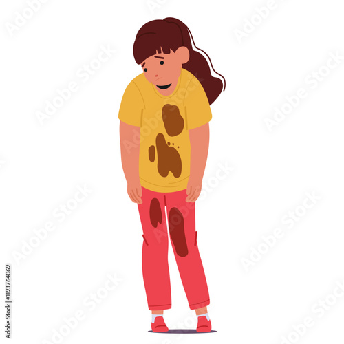 Sorrowful preschool girl child cartoon character wearing stained clothes looking sad and shame