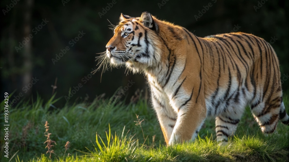 Obraz premium Majestic tiger roaming in the wild nature reserve wildlife photography greenery side view animal conservation