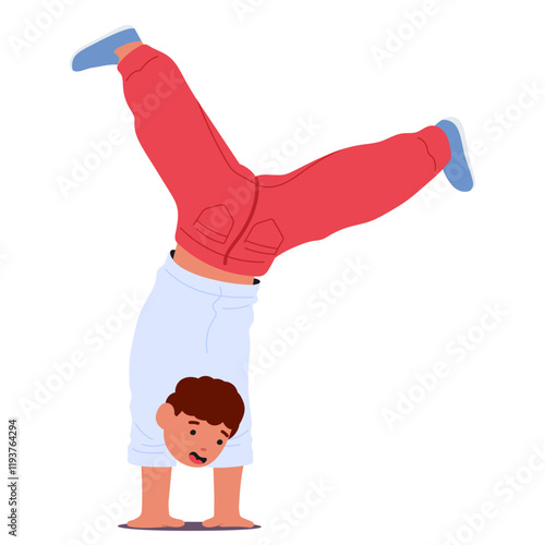 Active boy child cartoon character practicing handstand with head upside down isolated on white