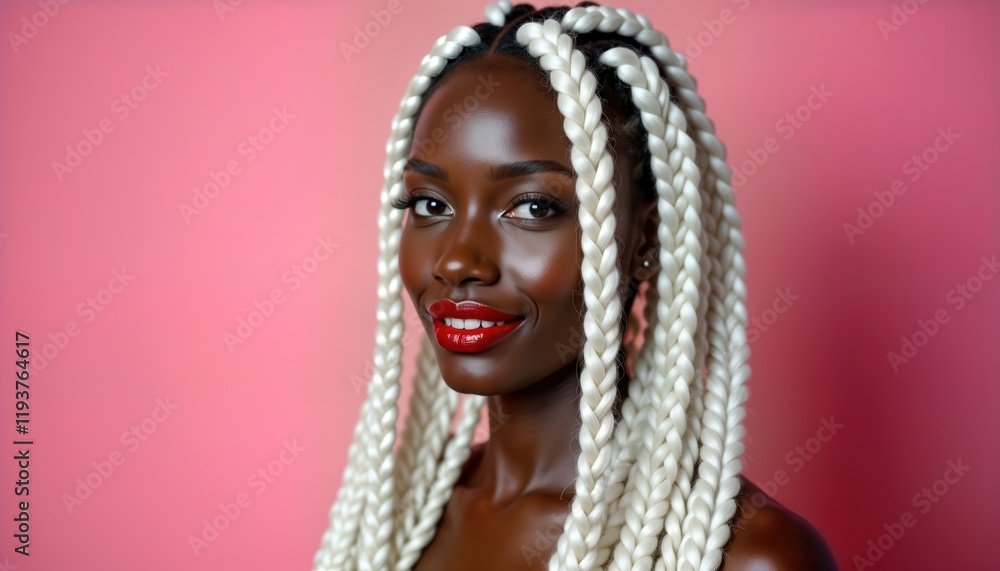 Stylish black woman with long white braids smiles. Elegant coiffure. Contemporary beauty. Trendy look. Fashion model. Unique style. Expressive face. Modern portrait. Cultural identity. Vibrant. Chic. Stylish black woman with long white braids smiles. Elegant coiffure. Contemporary beauty. Trendy look. Fashion model. Unique style. Expressive face. Modern portrait. Cultural identity. Vibrant. Chic.