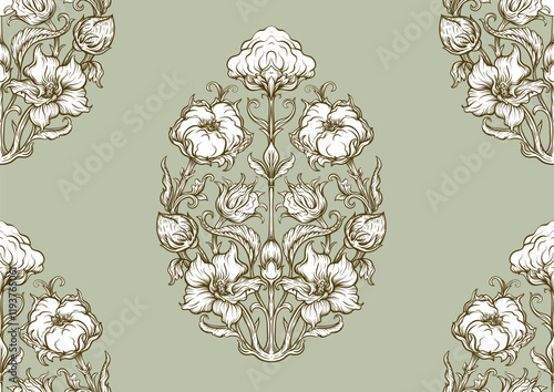 Pure cotton Seamless pattern, background. Vector illustration. In botanical art nouveau style, vintage, old, retro style.