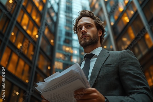 Selbstbewusster Geschäftsmann in einer urbanen Umgebung – Moderne Business-Dynamik photo