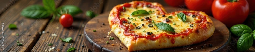 Heart-shaped pizza, cheese, tomato, rustic wood boards, dinner, cheese, rustic Heart-shaped pizza, cheese, tomato, rustic wood boards, dinner, cheese, rustic