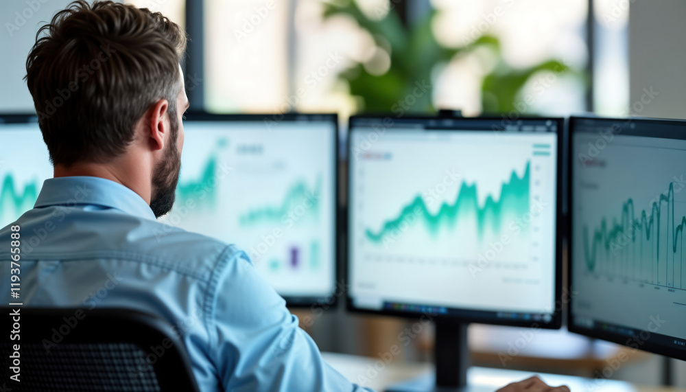 Business person analyzes sales data on multiple computer screens in modern office. Growth trends displayed on charts, graphs. Person looks intently at information on screens. Pro environment Business person analyzes sales data on multiple computer screens in modern office. Growth trends displayed on charts, graphs. Person looks intently at information on screens. Pro environment