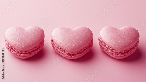 Three heart-shaped raspberry or strawberry macarons on soft pink background with copy space, perfect for Valentine's Day