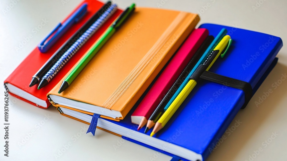 Fototapeta premium Colorful Notebooks and Pens Stationery Set Back to School Supplies