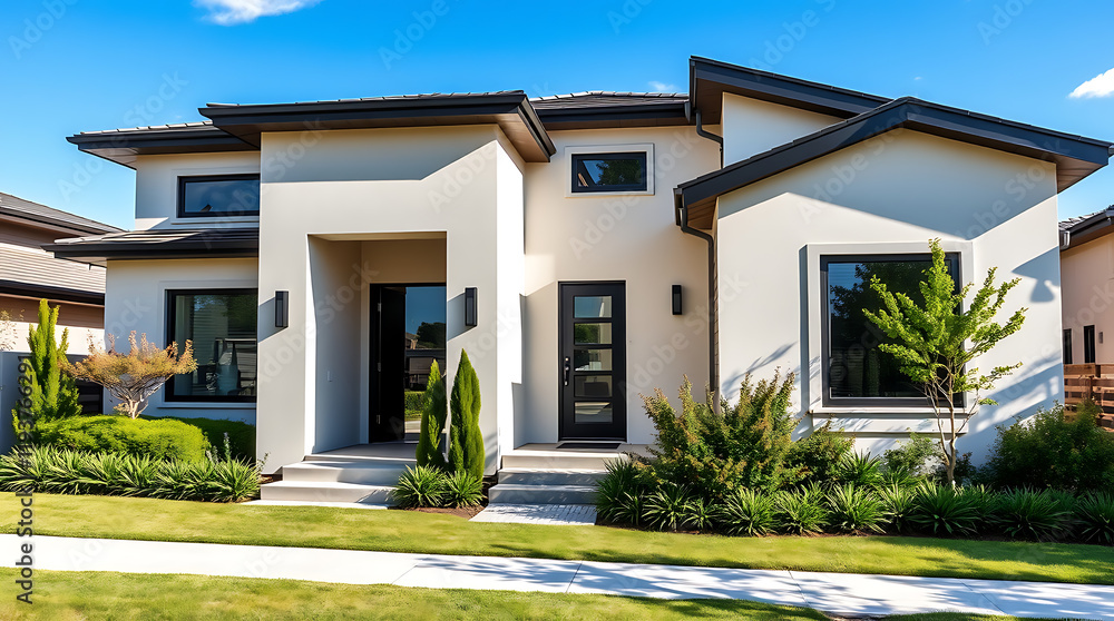 Fototapeta premium Luxury Modern Home Exterior: Stunning Contemporary Architecture and Landscaping Design