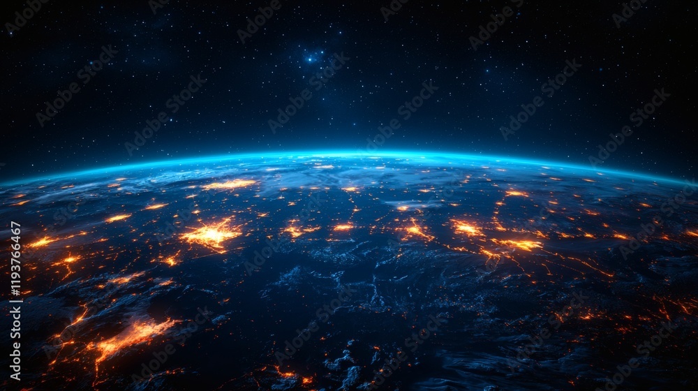 Obraz premium Earth's Glowing Symphony: A breathtaking view of our planet Earth from space, showcasing the mesmerizing tapestry of city lights illuminating the night.