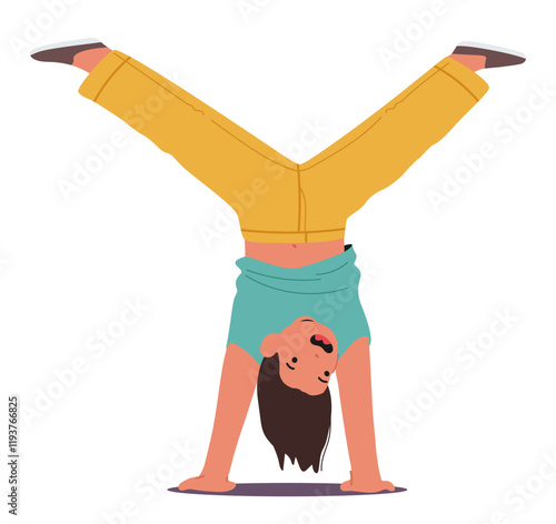 Little boy child cartoon character doing handstand balancing upside down training breakdance