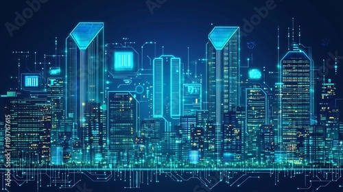 Futuristic Smart Cityscape Digital Skyline Night