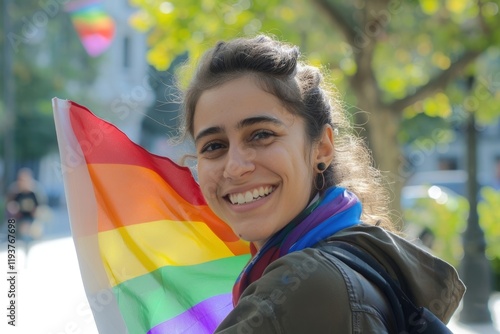 Young activist woman smiling and holding rainbow flag symbol of Lgbtq social movement photo