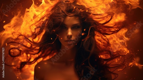 Brunette Head On Fire With Burning Hair in Flames: Female Woman in Brown with Afire Locks