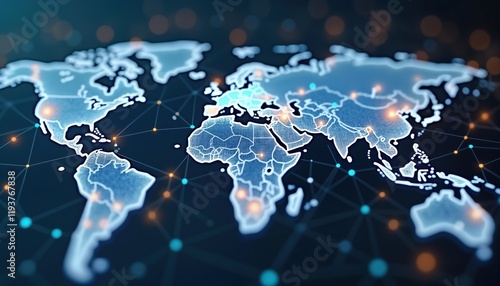 Fototapeta Naklejka Na Ścianę i Meble -  Global logistics network visualized on interactive world map. International connections shown via network of lines, glowing points. Futuristic tech concept of global business. World map highlighted