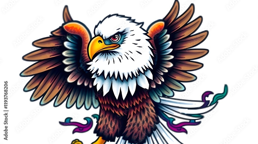 Fototapeta premium An inspired logo with a distinct split and tight close-up shot depicts a Bald Eagle perched on a branch. The eagle's details are in sharp focus, divided into geometric shapes with bold areas and clean