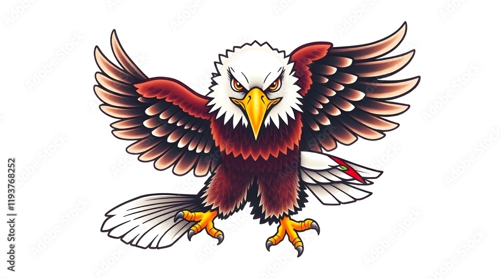 Fototapeta premium An inspired logo with a distinct split and tight close-up shot depicts a Bald Eagle perched on a branch. The eagle's details are in sharp focus, divided into geometric shapes with bold areas and clean