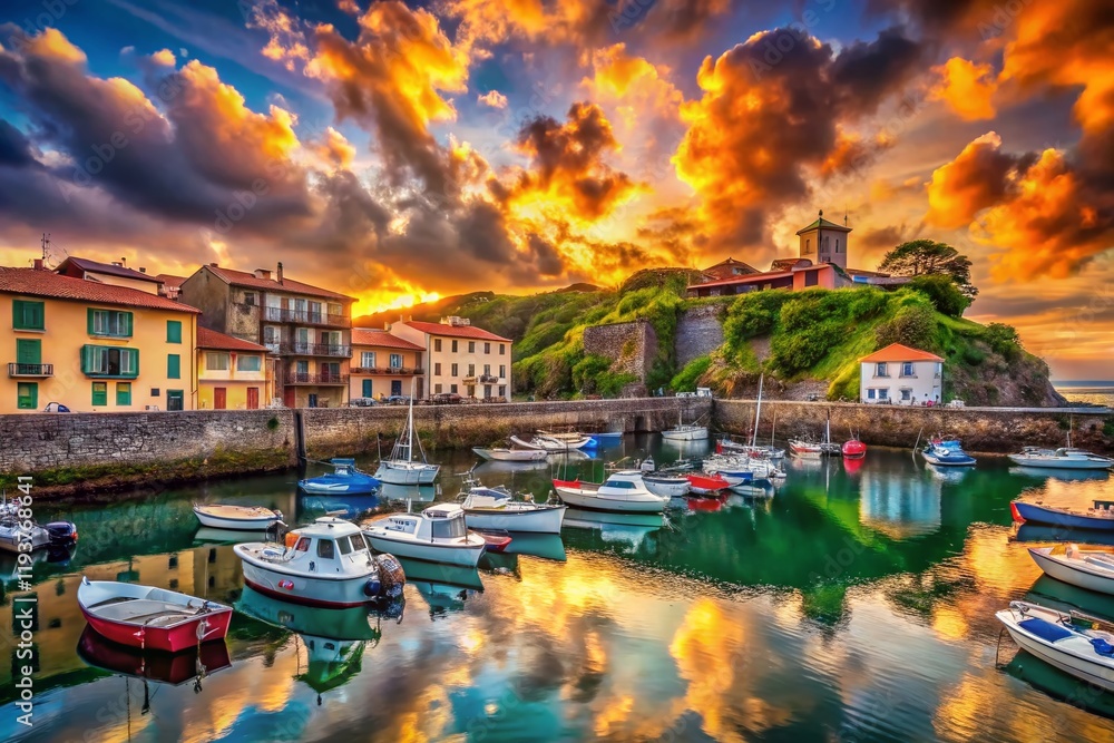 Fototapeta premium Surreal Mundaka Harbor: Dreamlike Basque Fishing Village Seascape