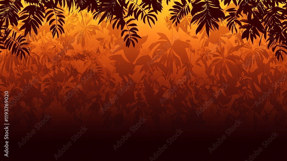 Sunset Tropical Jungle Leaves Background Fiery Orange Gradient Sunset Tropical Jungle Leaves Background Fiery Orange Gradient