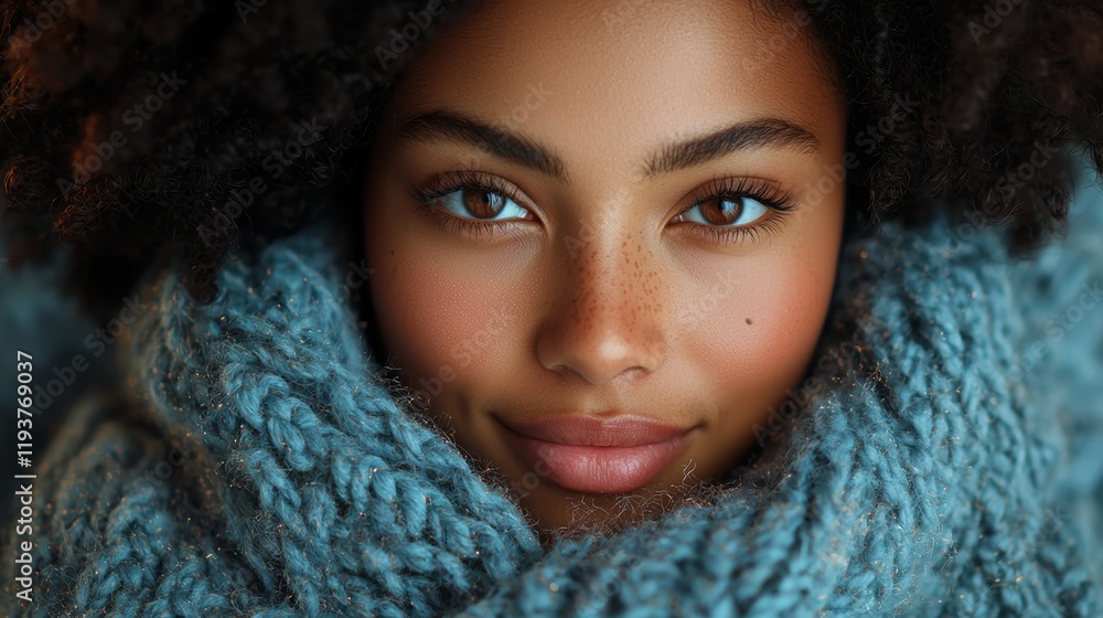 Close-up portrait of a woman wrapped in a cozy blue scarf Close-up portrait of a woman wrapped in a cozy blue scarf