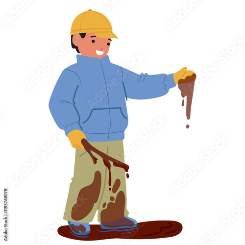 Happy little dirty boy child cartoon character of preschool age playing in mud puddle outdoors