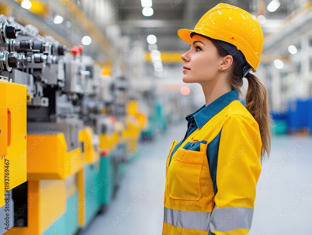 A focused woman in a safety helmet observes machinery in a modern industrial facility, embodying diligence and professionalism. A focused woman in a safety helmet observes machinery in a modern industrial facility, embodying diligence and professionalism.