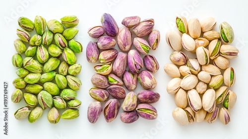 Wallpaper Mural Three varieties of pistachios displayed in rows on a white background Torontodigital.ca