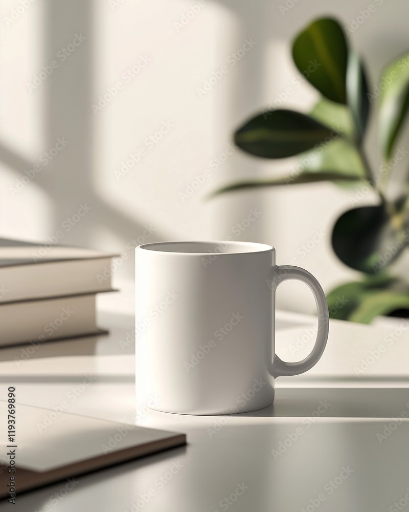 White ceramic mug on desk with books and plant. White ceramic mug on desk with books and plant.