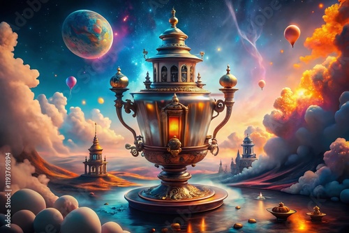 Surreal Russian Samovar: Floating Kettle in Dreamy Landscape photo