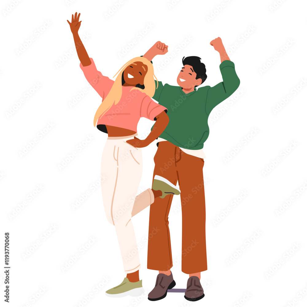 Happy diverse stylish man and woman cartoon friends characters standing together isolated on white