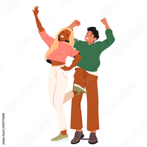 Happy diverse stylish man and woman cartoon friends characters standing together isolated on white