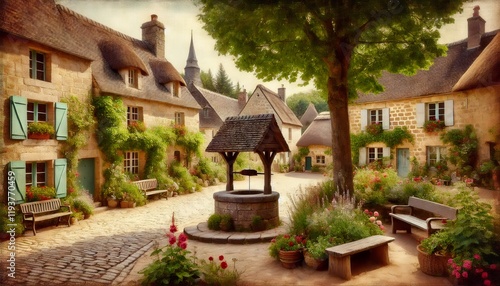 Picturesque french village with blooming flowers and wishing well