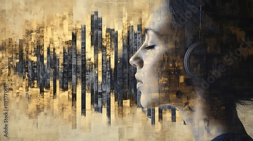 Woman listening to music, urban cityscape background, abstract art, profile view