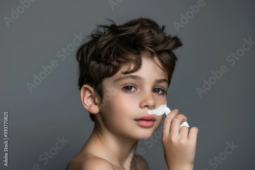 Young man applying face cream for healthy skin. photo