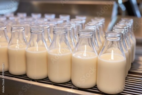 Bottles filled with creamy almond milk sit on a metal rack in a contemporary kitchen. The smooth texture and color highlight the freshness and richness of the drink photo