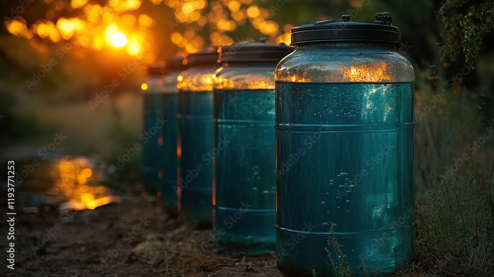 Beautiful Sunset Reflected in Water Containers with Lush Greenery in the Background, Capturing the Serenity of Nature at Dusk Beautiful Sunset Reflected in Water Containers with Lush Greenery in the Background, Capturing the Serenity of Nature at Dusk
